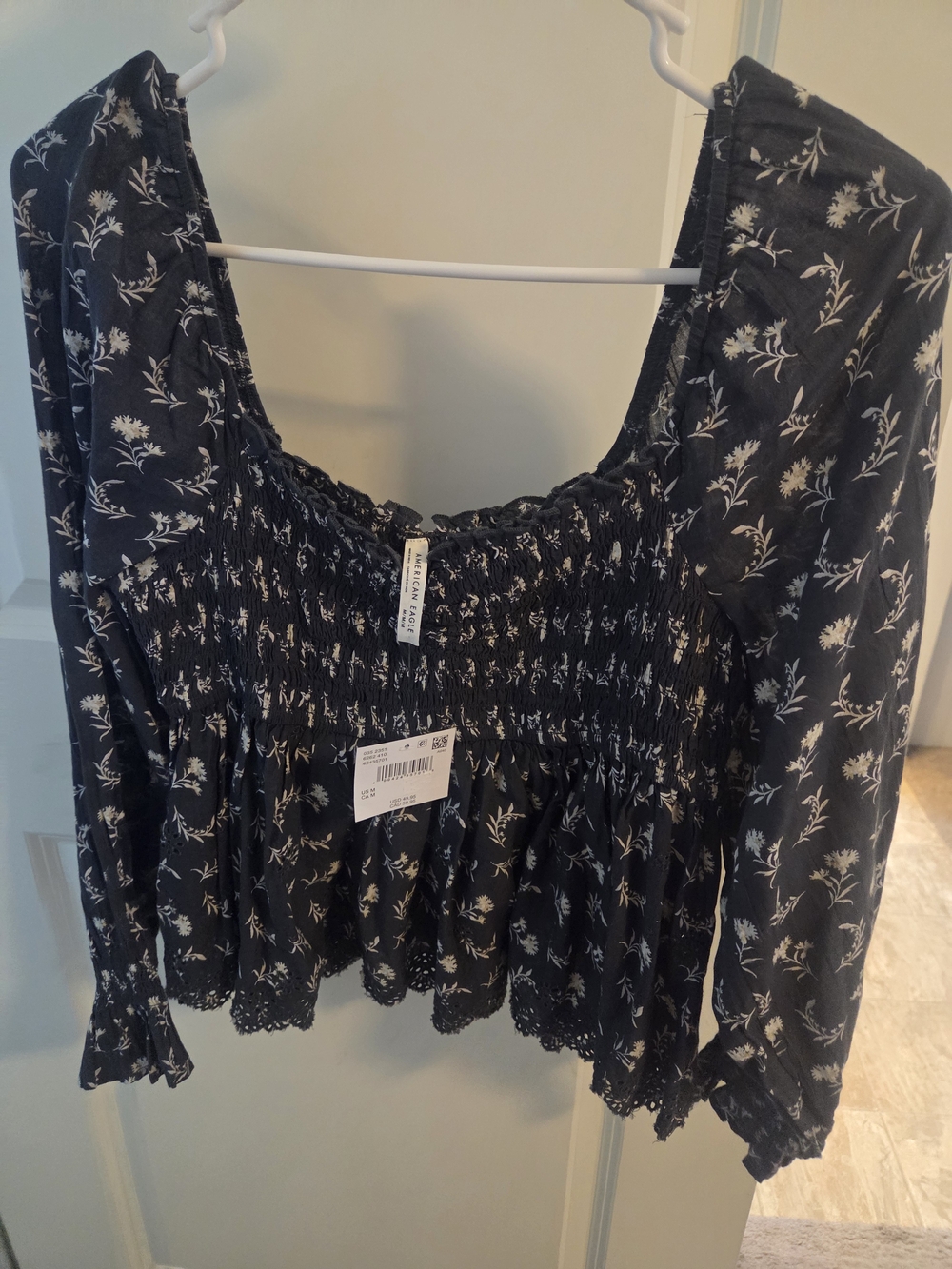 American Eagle Outfitters Black Floral Smocked Peasant Top